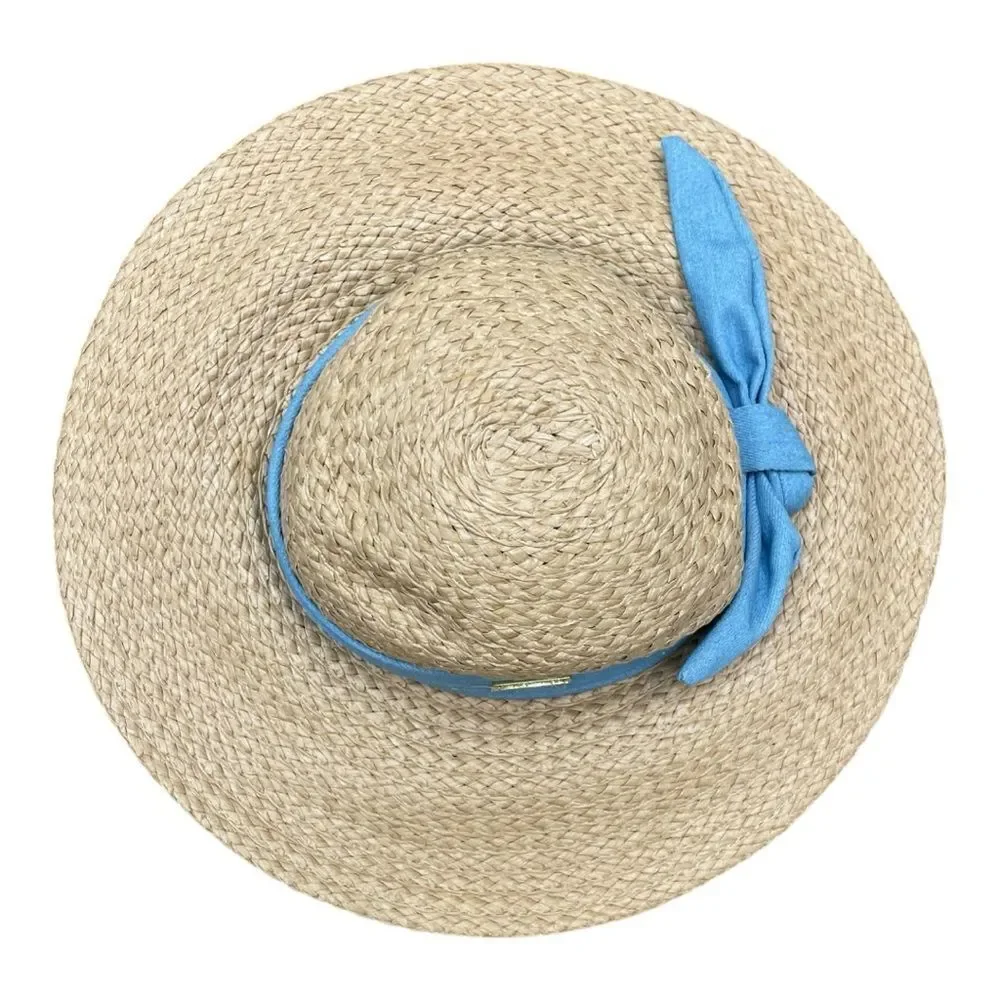 Vince Camuto Tan Straw Sun Hat with Blue Ribbon Size S/M